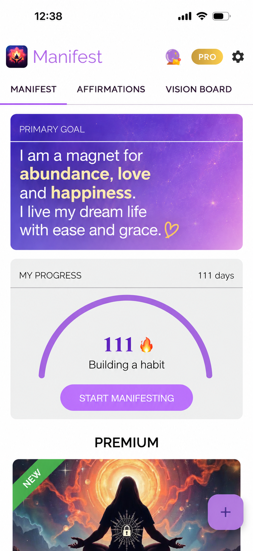 Primary goal card and daily manifestation progress in The Manifest App