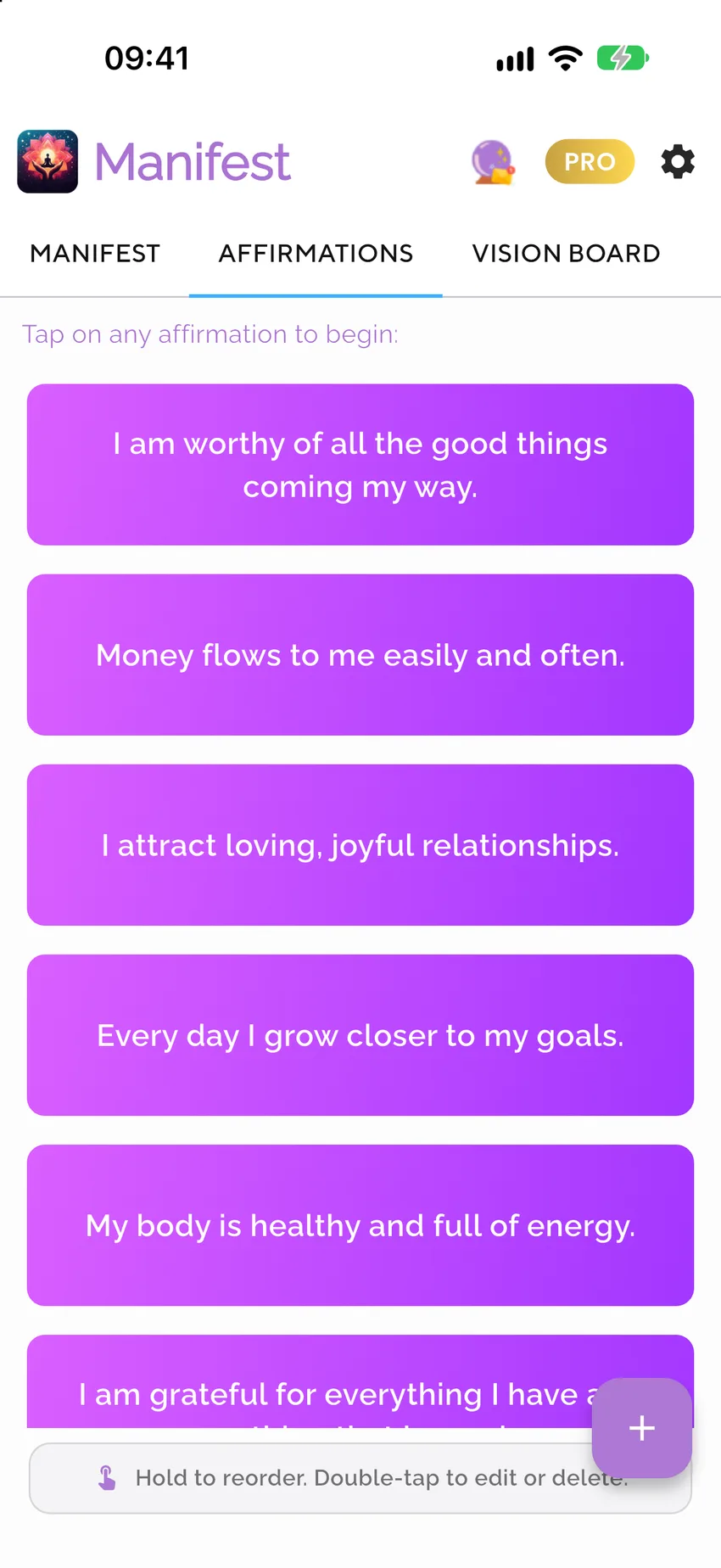 List of daily affirmations in The Manifest App affirmations screen
