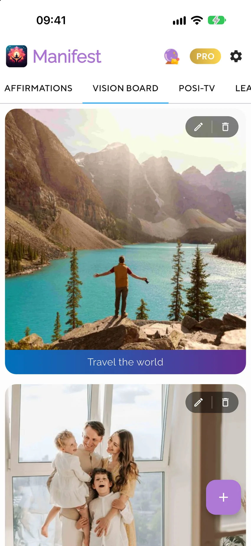 Vision board with travel and family goal photos in The Manifest App